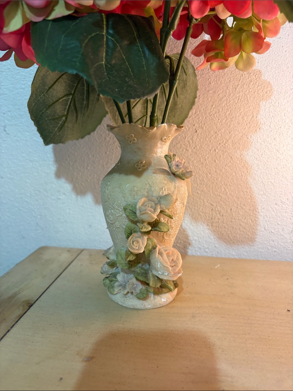 Decorative Cream Floral Embossed Resin Vase by
